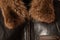 Mens black leather winter jacket with fur collar close-up