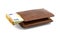 Mens brown leather wallet with a stack of Euro notes sticking out of the center, isolated on a white background, visible 50 Euro.