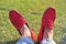 Mens legs in red moccasins