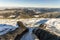 Mens legs in winter shoes against panorama over the Carpathian m