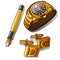 Mens luxury accessories - gold watch, pen and cufflinks with initials. Three items isolated. Vector in cartoon style