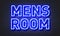 Mens room neon sign on brick wall background.