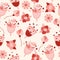 Menstrual cup with flowers and blood vector seamless pattern in flat cartoon style. Menstruation theme.