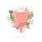 Menstrual cup with plants and flowers on white background