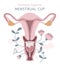 Menstrual cup in vagina with flowers on white
