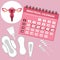 Menstruation calendar with cotton tampons, menstrual cup. Woman hygiene protection. Woman critical days. Set of women s