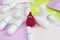 Menstruation sanitary soft pads and funny blood crochet drop. Woman hygiene protection. Woman critical days, gynecological menstru