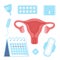 Menstruation, set of elements. Pads, tampons, menstrual cup and other feminine hygiene products. Menstrual calendar. Uterus. Woman