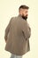 Menswear and fashion concept. Comfortable outfit. Man bearded hipster stylish fashionable jacket. Casual jacket perfect