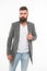 Menswear and fashion concept. Man bearded hipster stylish fashionable jacket. Casual jacket perfect for any occasion