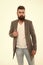 Menswear and fashion concept. Man bearded hipster stylish fashionable jacket. Casual jacket perfect for any occasion