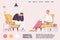 Mental health concept banner template. Psychotherapist with depressed patient. Pink and yellow colors, outline drawing mode