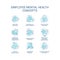 Mental health at workplace blue concept icons set