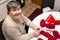mentally disabled woman is crocheting, handiwork for a alternative therapy