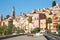 Menton, old city houses and street in the morning