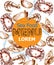 Menu card template crab, mussels, seafood Vector. Fresh banner design line arts