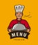 Menu logo or label. Happy chef with tray vector illustration