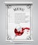 Menu template on white parchment sheet with decorative frame and