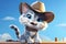 Meow-Boy Marvel: A 3D-Rendered Cat\\\'s Journey to Cowboy Stardom on Blue Sky Background