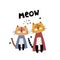 Meow. cute cartoon cats, hand drawing lettering, decor elements. Colorful vector illustration, flat style for kids.