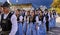 Meran, South Tyrol, Italy - 15 October 2023 Traditional parade of music bands at grape festival