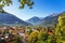 Merano or Meran view from Tappeiner promenade. Trentino Alto Adige Sud Tyrol, Italy.