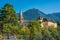 Merano in South Tyrol, a beautiful city of Trentino Alto Adige, View on the famous promenade along the Passirio river. Italy.