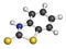 Mercaptobenzothiazole MBT skin sensitizer molecule. Used as rubber vulcanising agent. 3D rendering. Atoms are represented as.