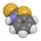 Mercaptobenzothiazole MBT skin sensitizer molecule. Used as rubber vulcanising agent. 3D rendering. Atoms are represented as.