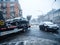 Mercedes-Benz and Citroen street accdient tow truck snowy day