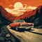 Mercedes Road Poster: Monochrome Painting With Sunset And Mountain Background