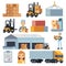 Merchandise warehouse and logistic flat vector icons with workers and equipment