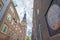 Merchants houses and church tower in Amsterdam