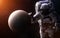 Mercury on a blurred background with a giant astronaut. Elements of the image are furnished by NASA