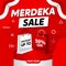 MERDEKA SALE Independence Sale, Indonesia Independence Day Promo Banner Design with Bag Shop and Indonesia Flag. 50% OFF. Vector