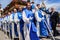 Merida, Spain. April 2019: A group of bearers, called Costaleros, carrying a religious float