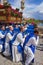 Merida, Spain. April 2019: A group of bearers, called Costaleros, carrying a religious float