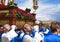 Merida, Spain. April 2019: A group of bearers, called Costaleros, carrying a religious float