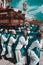 Merida, Spain. April 2019: A group of bearers, called Costaleros, carrying a religious float