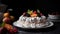 Meringue cake with fruit on a ceramic plate, little blur, culinary photo