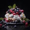Meringue dessert Pavlova cake. Pavlova cake with strawberries, blueberries, raspberries. Sweet meringue.
