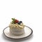 Meringue topped with whipped cream. Top decorated with fresh strawberries, blueberries.