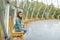 MERKINE, LITHUANIA - AUGUST 16, 2018: Little girl inside Merkine Pyramid, protected by a glass dome, famous for healing and