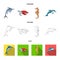 Merlin, turtle and other species.Sea animals set collection icons in cartoon,outline,flat style vector symbol stock