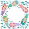 Mermaid with blue green and pink hair cute kawaii girl coral fish, card banner design, wreath round frame for your text, copy spac