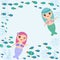 Mermaid with blue and pink hair cute kawaii girl coral fish, card banner design, copy space, on blue background. Vector