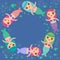 Mermaid with blue and pink hair cute kawaii girl coral fish, card banner design, copy space, on dark blue background. Vector