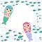 Mermaid with blue and pink hair cute kawaii girl coral fish, card banner design, copy space, on white background. Vector