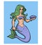 mermaid cartoon character with long hair with knife and shell illustration sea