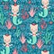 Mermaid cats seamless pattern. Cute Kittys with mermaid tails and crowns between corals and bubbles repeating background